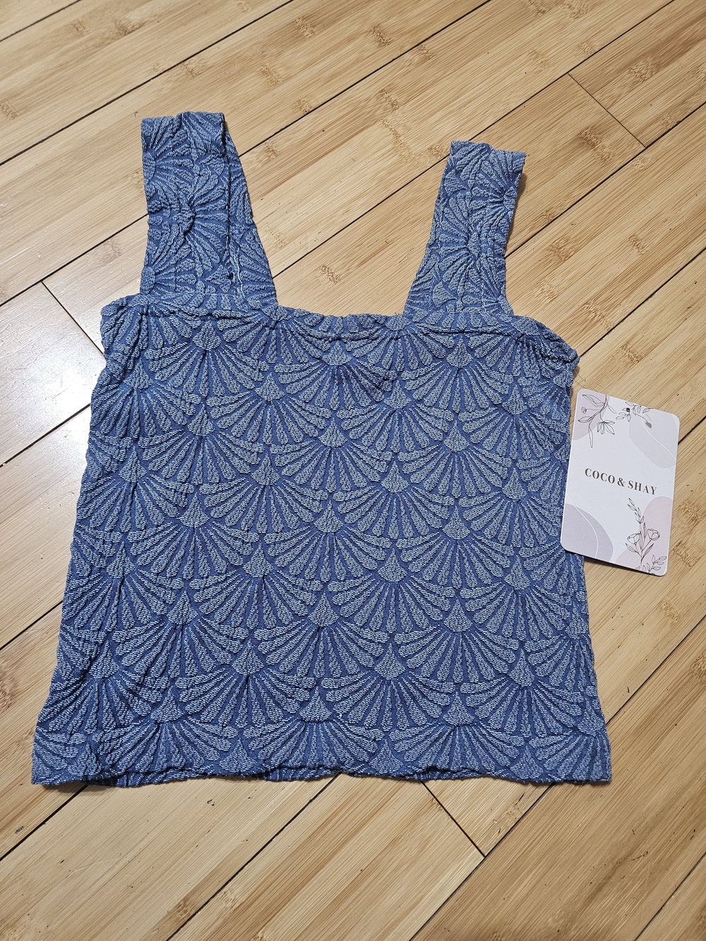 Blue Textured Square-Neck Tank